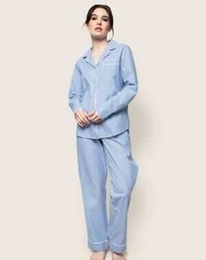 Petite Plume Women's Twill Pajama Set in French Blue Heritage Stripe M